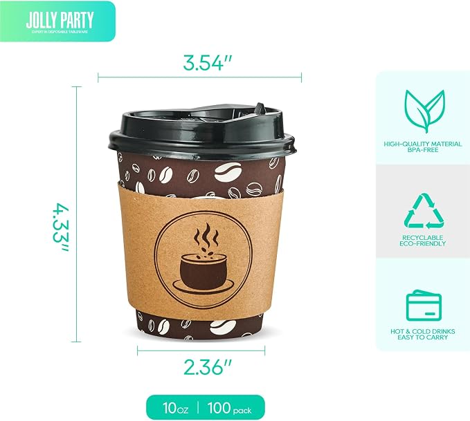 JOLLY PARTY 10oz(100 Pack) Disposable Coffee Cups with Lids, Sleeves and Straws - Paper Coffee Cups with Lids, Hot Cups for Shops, Cafes, and Concession Stands(Dark Brown)