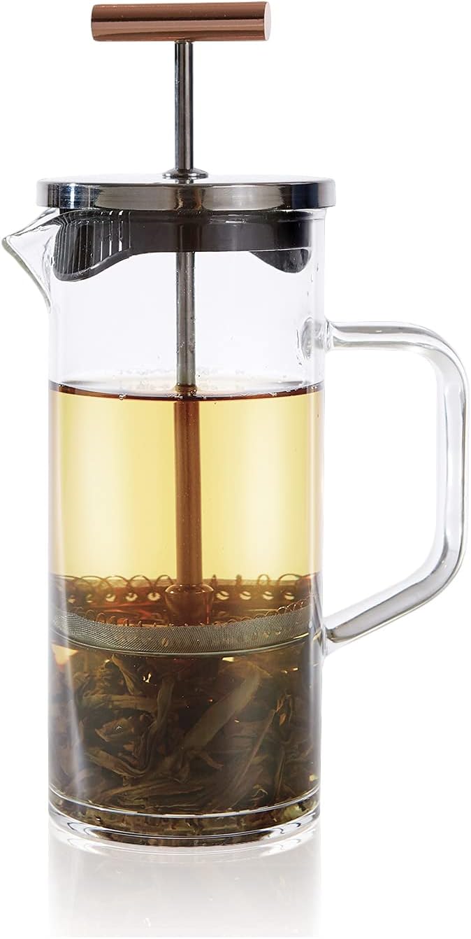 Teabloom Tea Press with Copper Pull Handle and Stainless Steel Filter – Tea Connoisseur's Choice – Pekoe Tea Maker, 12-Ounce