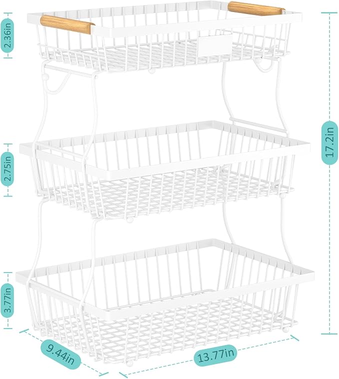 3 Tier Fruit Basket for Kitchen Counter with 2 Banana Hangers, Countertop Metal Fruit Bowl with Wooden Handle, Large Storage Stand for Vegetables, Snacks, Breads, Produce Storage – White