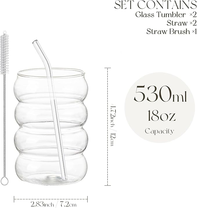 KEMORELA 2PCS Wave Bubble Beverage Glasses With Straws, 18 Oz Vintage Glass Cups, Aesthetic Iced Coffee Glasses, Ripple Glassware, Beer Glasses - Stylish Drinkware for Every Occasion