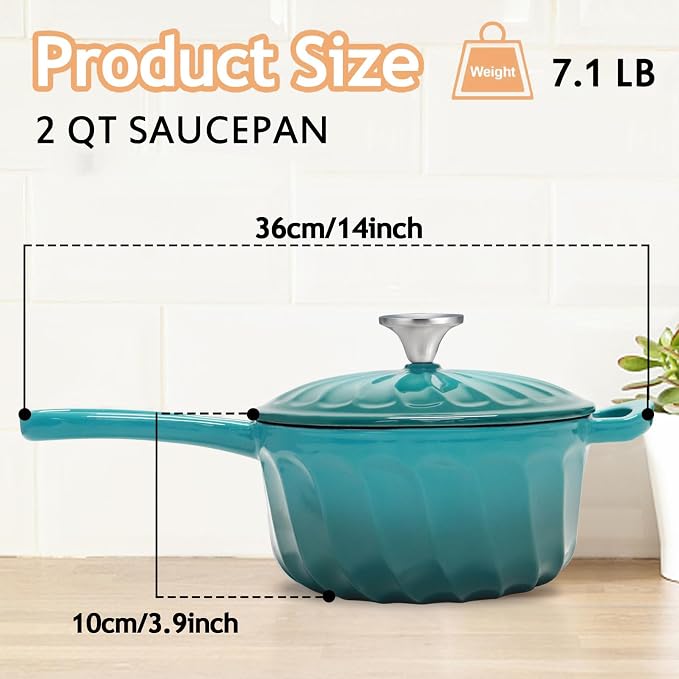 Enameled Cast Iron Sauce Pan with Lid, 2 Quart Saucepan with Lid | Dutch Oven with Lid, Small Cast Iron Pot for Cooking Pasta, Soup, Milk, Induction & Oven Safe Up to 500°F, Blue-green