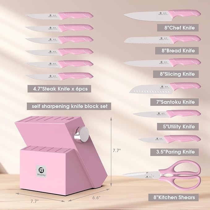 imarku 14-Piece Japanese Stainless Knife Set with Build-in Sharpener,Pink | Kitchen Knife Set with Block|15°Precision Edge|56±2 HRC Hardness|Built-in sharpener|Ergonomic handles|Dishwasher safe