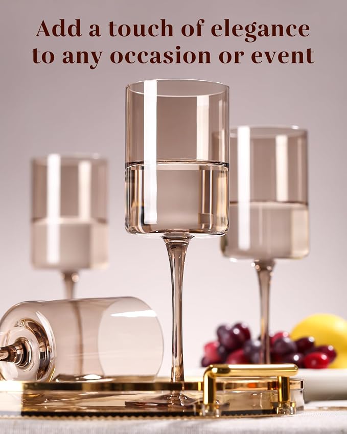 Smokey Gray Wine Glasses Set of 6-14oz【 Hand Blown 】 Square Colored Wine Glasses,Colorful Glasses with Tall Long Stems, Modern Glasses Set of 6 For All Occasions