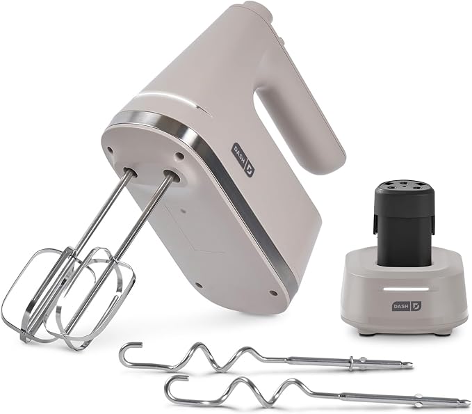 Dash Cordless Hand Mixer, Beaters & Dough Hooks, French Grey | Handheld Electric Mixer for Baking, Whipping Cream, Cookie Dough & Cake Batter, Turbo Button, Rechargeable