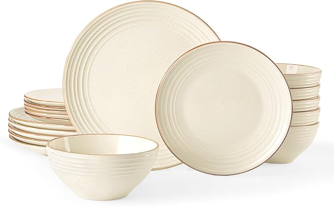 Famiware Jupiter Stoneware Dinnerware Sets, 18-Piece Speckled Dishes for 6 | Ceramic Plates & Bowls with Rim, Chip & Scratch Resistant, Microwave & Dishwasher Safe, Everyday Use, Neutral Vanilla White