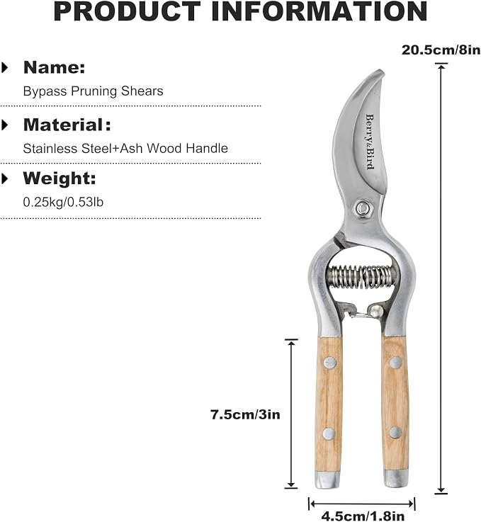 Berry&Bird 8'' Bypass Pruning Shears with Wooden Handle, Curved Blade Garden Hand Pruner, Stainless Steel Scissors Ultra Sharp Clippers for Gardening Trimming Cutting Bonsai Plant Flower & Picking