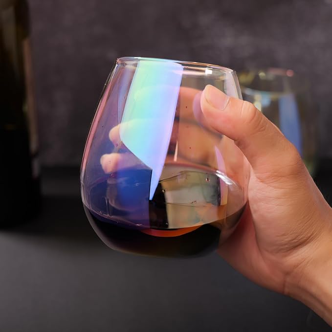 Iridescent Stemless Wine Glass Set of 2, 16OZ Unique Rainbow Wine Glass Cute and Cool, No Stem Colorful Drinking Glassware Gift for Birthday Party Wedding Holiday