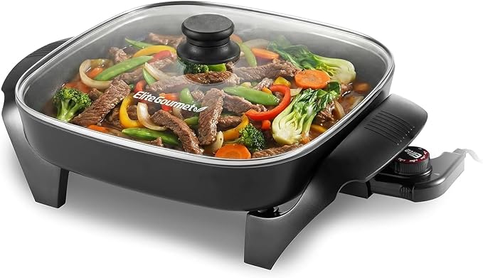 Elite Gourmet Ceralast PFAS-Free Ceramic Electric Skillet, 1200W, Dark Gray | Dishwasher Safe, Rapid Heat-Up Coating, 12"x12" Cooking Surface, Non-Stick for Everyday Meals - 2.15" Deep Design