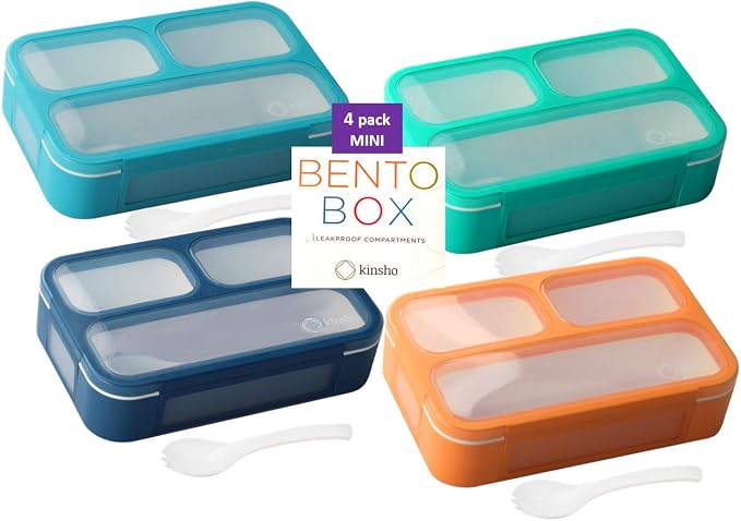 kinsho Small Snack Box Containers Set of 4, (Blue + Navy + Aqua + Orange) | 3 Compartments, Leak-Proof, Spill Proof, BPA-Free Reusable Mini Bento Lunch Box for Kids Toddlers School Travel, Holds 2 Cups
