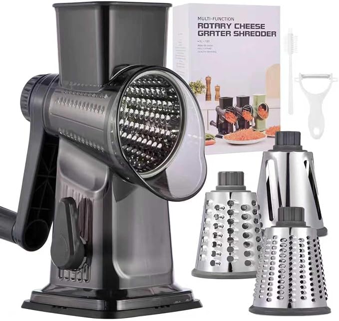 Rotary Cheese Grater with Handle Kitchen Shredder Slicer Grater Slicer Ice Shaver Cheese Vegetable Nuts Potato Zucchini Chocolate 3 Interchangeable Blades (Dark Grey TSP)
