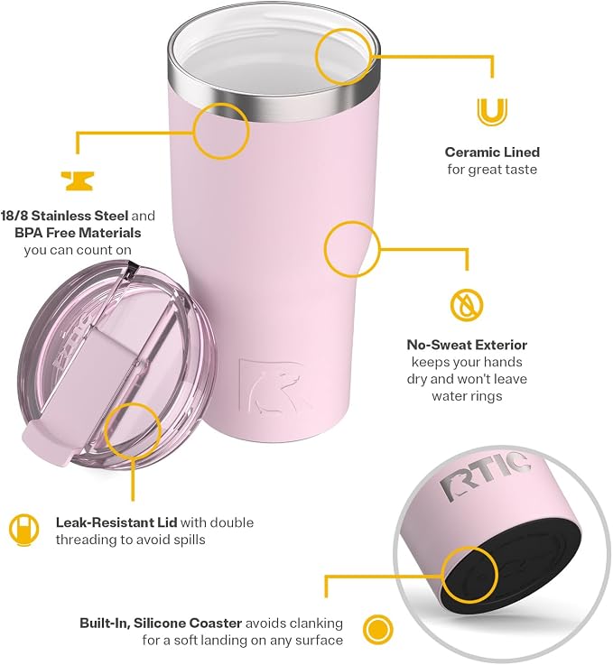 RTIC 30oz Essential Tumbler with Lid, Ceramic Lined, Pale Pink | Insulated, Stainless Steel Metal, Portable Travel Cup for Hot and Cold Drinks, Coffee, Car, Camping and Travel