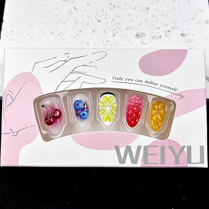 30Pcs 3D Fruit Press On Nails Short Almond Fake Nails Cute Summer Nails with Cherry Blueberry Strawberry Peach Design Tropical Fruit False Nails Reusable Full Cover Acrylic Nails Tips for Women Girls