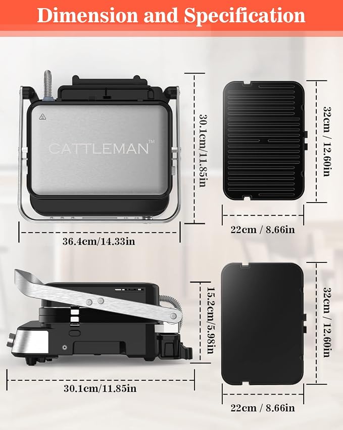 CATTLEMAN Panini Press Grill Sandwich Maker with Removable Plates, 1600W, 5 in 1 Smokeless Indoor Grill & Griddle with Meat Thermometer, Electric Contact Grills for Kitchen, Stainless Steel