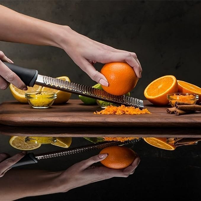 8-Inch Lemon Zester & Cheese Grater, 18/8 Stainless Steel, Black | Fine 18/8 Stainless Steel Blade for Citrus, Parmesan, Ginger and Garlic, Soft Non-slip Handle, Cover, Dishwasher Safe