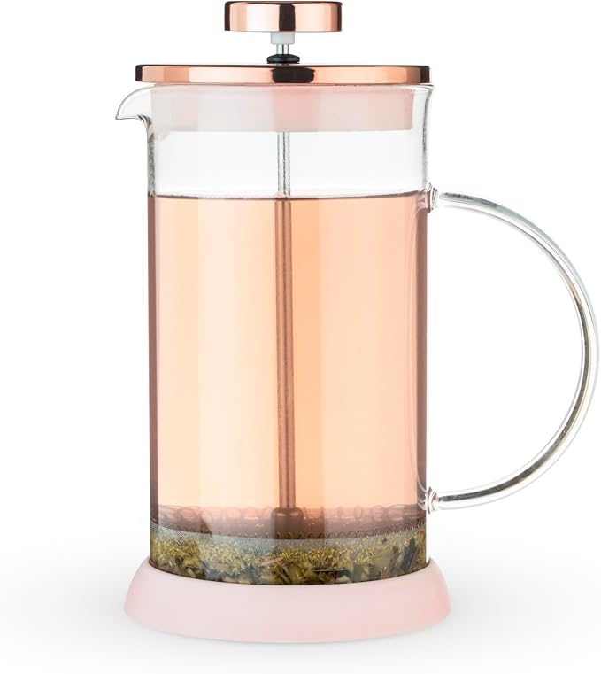 Pinky Up Riley Mini Glass Tea Press Pot, Coffee Maker, French Press for Loose Leaf Tea and Coffee, Hot or Iced Beverage Brewer, 12 oz, Pink