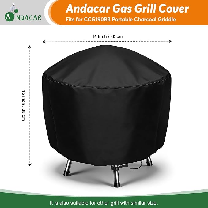 Grill Cover for Cuisinart CCG190RB Portable Charcoal | Waterproof Griddle Cover for Weber Smokey Joe 14 Inch Grill - 16" D×15" H, Black
