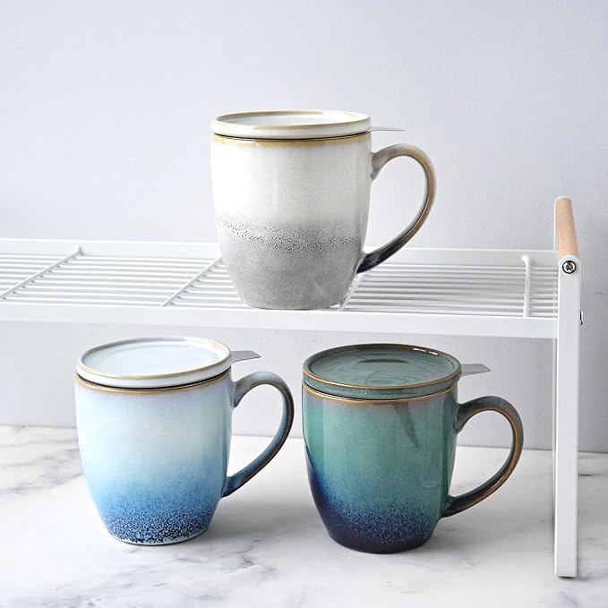 Bosmarlin Ceramic Tea Cup with Infuser and Lid, 16 Oz, 3 Colors to Choose, Dishwasher and Microwave Safe, Reactive Glaze, Steeping Tea Mug with Strainer (16 Oz, Grey White)