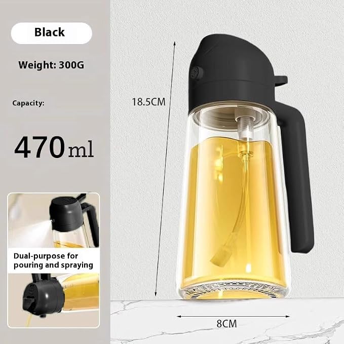 Glass Olive Oil Sprayer 16oz/470ml – 2-in-1 Oil Dispenser & Spray Bottle for Cooking, Portion Control, Salad, Air Fryer, BBQ – Leak-Proof, Fine Mist Bottle with 6 Decorative Labels (Black)