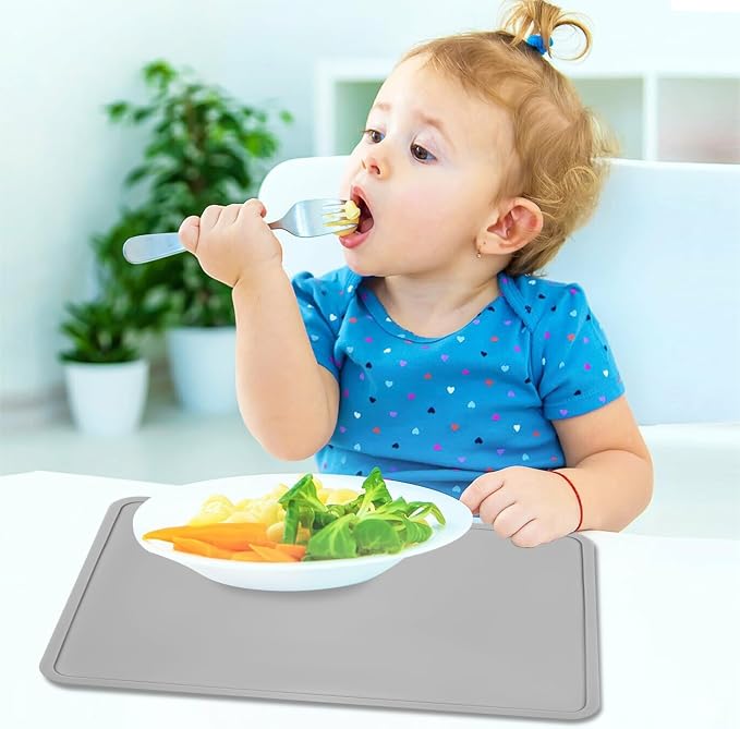 Silicone Placemats with Raised Edges for Kids, Kids Placemat for Dining Table, Silicone Table Mat Portable Reusable Non-Slip Mats for Kids Toddler Children (Grey)