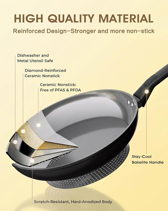 11 Inch Nonstick Frying Pan Skillet, Ceramic Frying Pan, Non Toxic Healthy Ceramic Coating, Suitable for All Stovetops, PTFE PFOA PFOS Free, Black