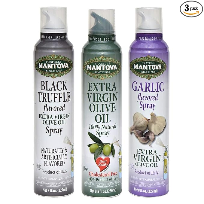 Mantova Spray 100% Extra Virgin Olive Oil Variety Set - Black Truffle | Garlic | 8 Fl. Ounce. (Pack Of 3) - Product Of Italy