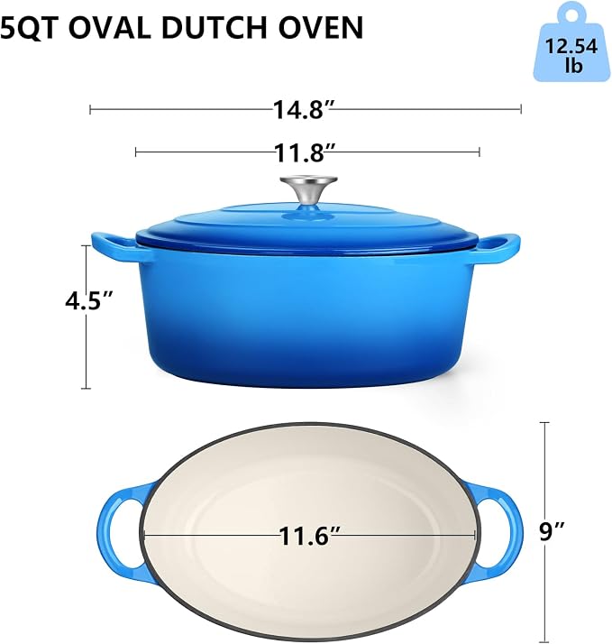 TeamFar Oval Dutch Oven, 5qt Enameled Cast Iron Dutch Oven Pot with Lid | For Bread Baking/Stewing/Braising/Frying, Suitable for Various Stoves, Dual Handles & Easy Cleanup, Blue