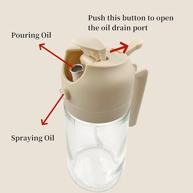 ZHIYE Oil Spray Bottle for Cooking, 16oz/470ml 2 in 1 Olive Oil Dispenser Sprayer for Kitchen Premium Clear Glass Oil Bottle for Cooking, Air Fryer, BBQ, Salad, Beige