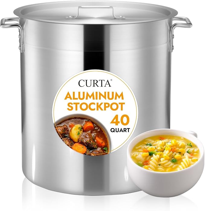 CURTA 40 Quarts Aluminum Stock Pot with Lid, Heavy Duty Commercial Grade Large Capacity Cooking Pot for Boiling, Stewing, Great for Kitchen, Restaurant, Catering, and Home Use, NSF Certified