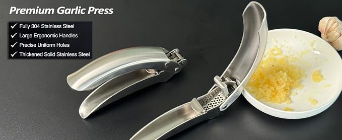 No Peeling Required Garlic Press Stainless Steel with Detachable Handle for Fine Mincing - Premium Garlic Mincer Tool, Rust-Proof, Easy to Clean, Dishwasher Safe Garlic Crusher with 5-Year Warranty