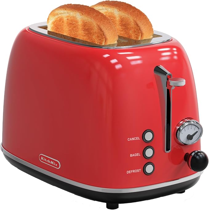 Toaster 2 slice,Retro Stainless Steel Toaster with 6 Settings, 1.5 In Extra Wide Slots, Bagel/Defrost/Cancel Function, Removable Crumb Tray (Red)