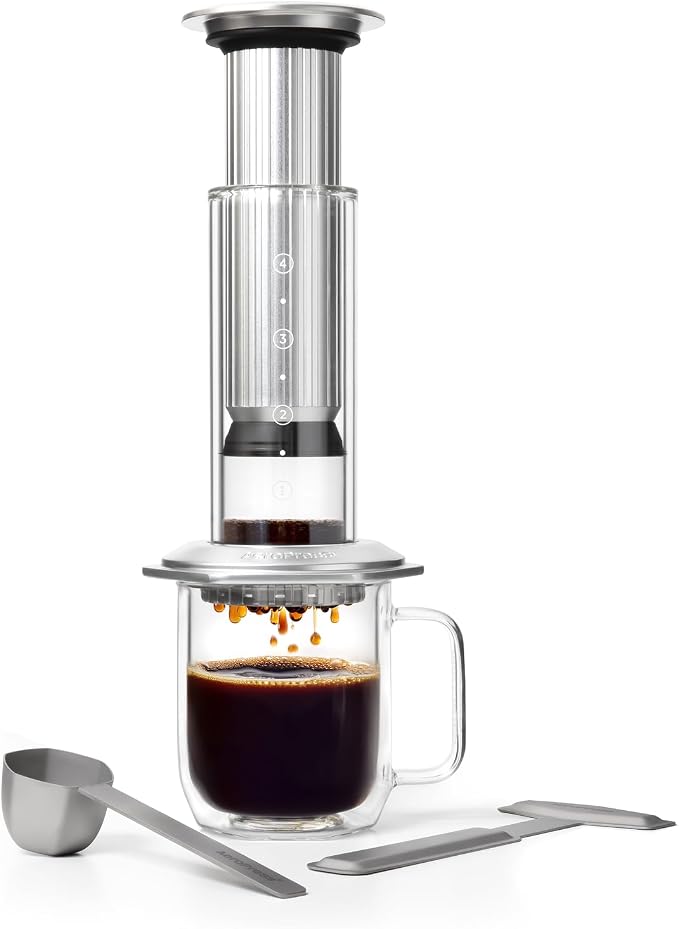 AeroPress Premium Coffee Press, Glass, Stainless Steel & Aluminum, Silver | Glass, Stainless Steel & Aluminum, All-in-One French Press, Pour-Over & Espresso Style, Manual Brewer