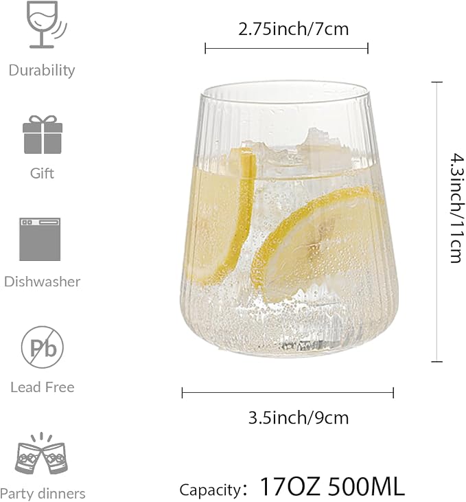 Set of 6 Stemless Wine Glasses,17oz Ribbed Drinking Glasses, Lightweight, Clear, Everyday Drinking Water Glass, Fluted Design, Ideal for Water, Iced Coffee, Juice, Milk, Housewarming Gift