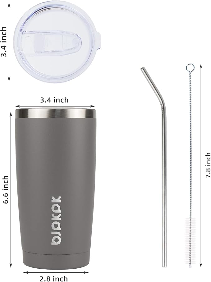 BJPKPK 20oz Coffee Tumbler with Lid & Straw, Insulated Stainless Steel Mug | Double Wall Vacuum, Keeps Hot/Cold, BPA Free, Leak Proof, Iced Coffee Cup Fit Car Holder, Travel & Beach, Gray