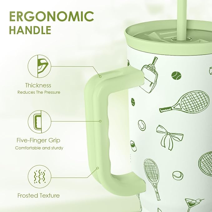 SANDJEST Tennis 40oz Tumbler With Handle and Straw, Insulated Stainless Steel Travel Coffee Mug for Women Girls Tennis Players, Gift Idea for Birthday Christmas Mothers Day