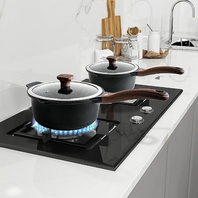 Vinchef 3QT & 4QT Sauce Pot Set with Lids, Nonstick, Black | PFAS-free nonstick resists scratches and stains, dishwasher-safe, induction-ready, stay-cool handles, easy-release cooking.