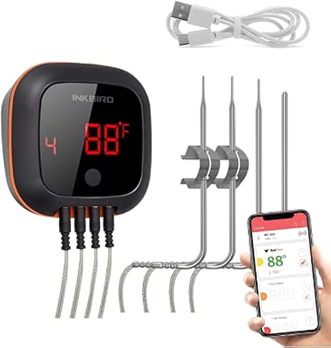 INKBIRD Bluetooth Digital Wireless Food Meat Thermometer IBT-4XS, 4 Probes | 150FT Rechargeable BBQ Cooking Kitchen Food Meat Thermometer, LED Backlit Timer Alarm Magnet, Grill BBQ Smoker Oven Drum