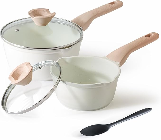 Kordisen Sauce Pan Set with Lid, 1.5Qt & 2.5 Qt Nonstick Cooking Pots with Pour Spout, Easy to Clean, Small Kitchen Induction Saucepan with Ceramic Coating, PFOA/PFOS Free (Cream)