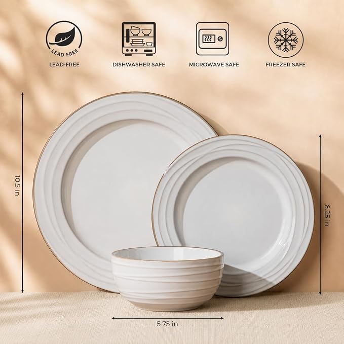 GBHOME Ceramic Dinnerware Sets,12 pcs Embossed Elegant Stoneware Plates and Bowls Sets, Housewarming Wedding Gift | Dishwasher & Microwave Safe | Dishes Set Service for 4 | Embossed Elegant Stoneware Dishes Set | Dishwasher & Microwave Safe | Service f...