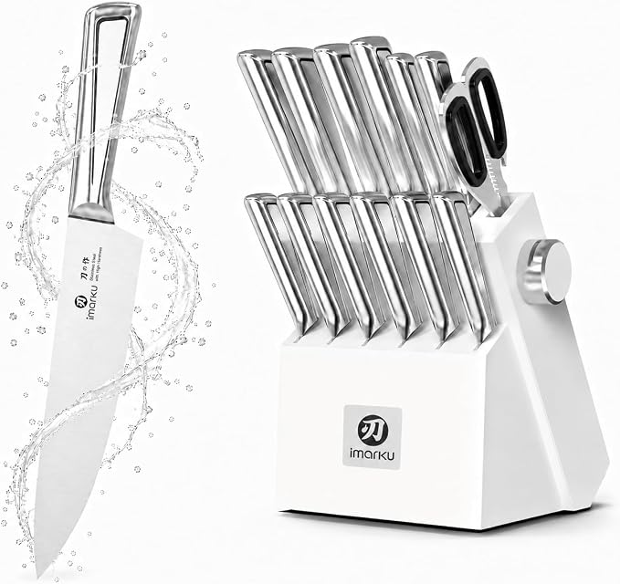 imarku 14-Piece Knife Set with Block, Pro power, home ease | Pro sharp high carbon steel. Self-sharpens easy. Ergo grip no fatigue. Safe non-slip home prep. Gift for homewarming