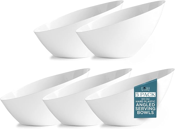 5 Pack White Angled Plastic Serving Bowl Disposable for Party Table 20oz | Angled Bowl Design. Chip, Candy, Salad & Fruit Use. Disposable Party Tableware. Buffet & Wedding Serving. White Plastic.