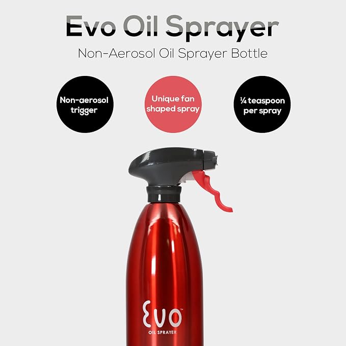 Evo Oil Sprayer Bottle, Non-Aerosol for Olive Oil and Cooking Oils, 18/8 Stainless Steel, Red, 16-ounce Capacity