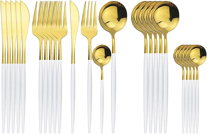 Mirror Silverware Set, 24-Piece 18/0 Stainless Steel Flatware Set For 6, Gold and White Color Forks Spoons Knives Cutlery Set For Home Restaurant, Lightweight and Flat handle