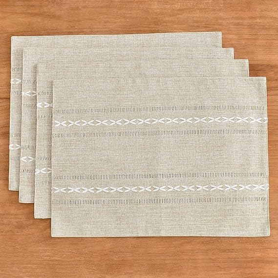Wracra Cotton Linen Place Mats, Coffee Embroidered Placemats Set of 6 | Placemats 12 x 18 Inch; Cotton Linen Woven Fabric; Heat Resistant Table Mats; Raised Embroidered Hollow Design