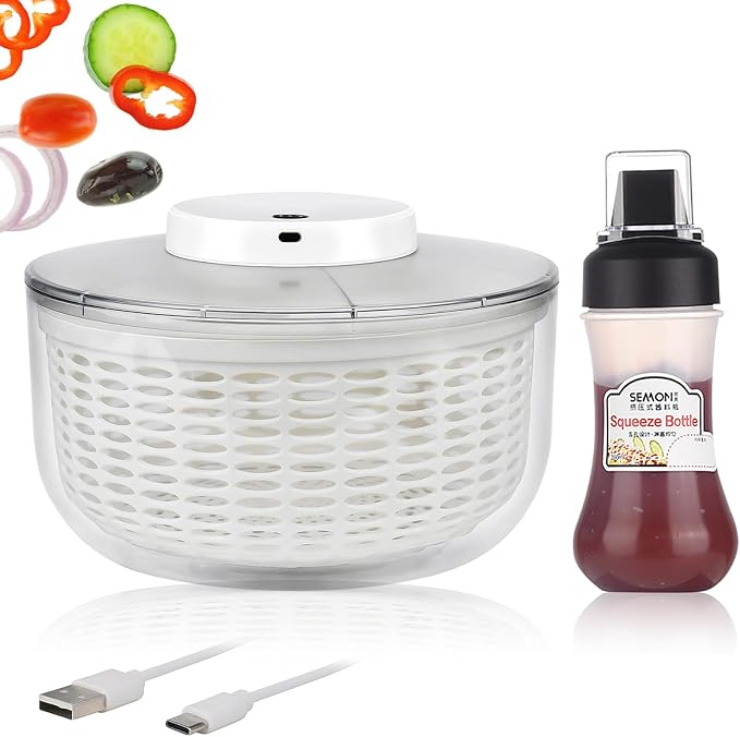 Electric Salad Spinner, 6L Vegetable Washer Dryer with 350ml Squeeze Bottle | Large Capacity Automatic Vegetable Washer Drainer Strainer for Fruit Drying, USB Lettuce Spinner Cleaner for Home Kitchen
