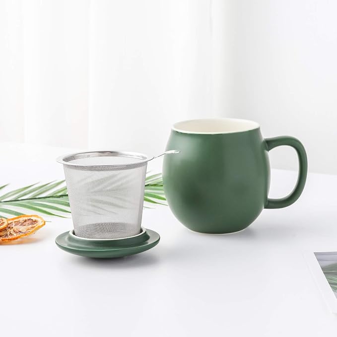 Yundu 12 OZ Matte Green Ceramics Teacup with Infuser and Lid, Mug with Lid for Steeping - Stainless Steel Infuser for Loose Leaf Tea, Home Office Gift for Tea Lovers