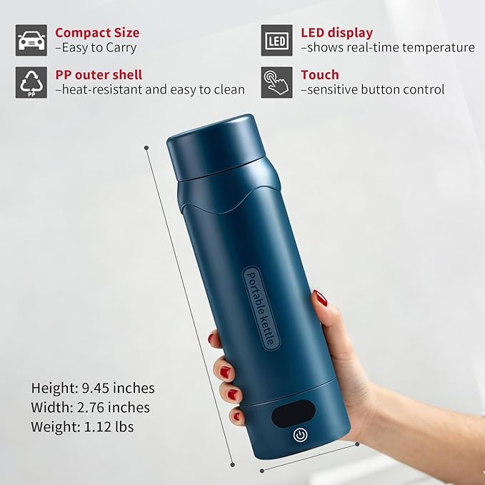 Travel Electric Kettle, Insulated Water Bottle with 4 Temp, Dark Blue | 316 Stainless Steel Liner, 400ml, Auto Shut-Off & Leak-proof, Mini Travel Essentials Portable Office Gifts for Tea Lovers
