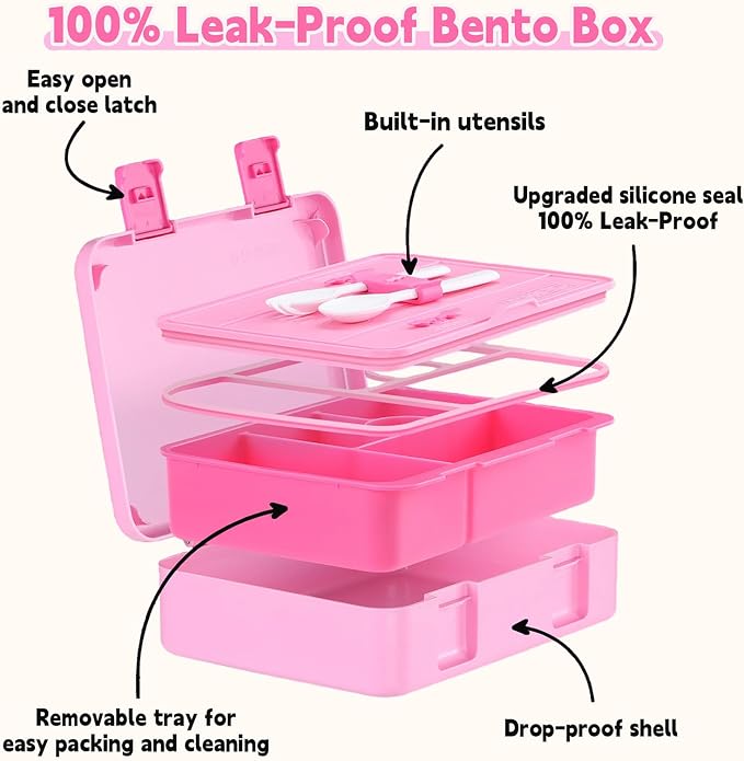 rockpapa Bento Box for Kids - Large 5.5 Cups Lunch Box with Utensils - 5 Compartments, BPA-Free, Leak Proof, Portable Handle for Boys Girls, Microwave/Dishwasher Safe (Pink Unicorn)