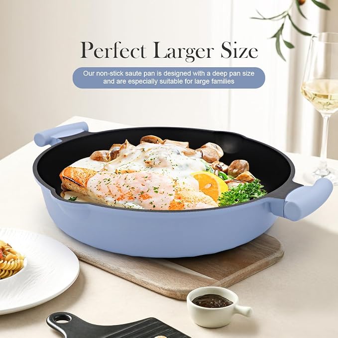 Large Frying Pan Skillet Nonstick with Lid, 14 Inch Deep Saute Pan, Big Induction Pan for Cooking, 2-1 Non Stick Cookware with Helper Handle, Family Size, Suitable for All Stoves, PFOA-Free
