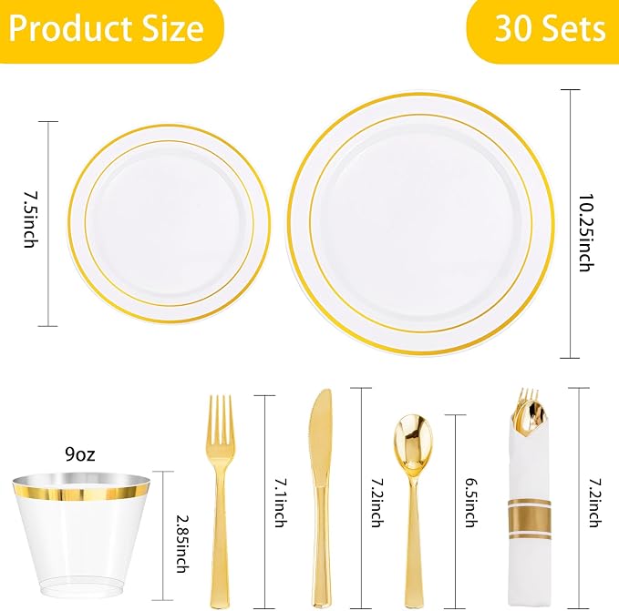 DaYammi 210PCS Gold Plastic Dinnerware Set Gold Plates Disposable Disposable Plates for Party Include: 30 Dinner Plates,30 Dessert Plates,30 Pre Rolled Napkins with Gold Silverware,30 Cups for Wedding