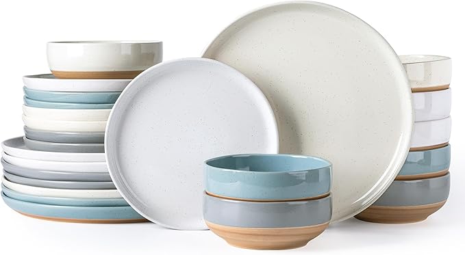 AmorArc Dinnerware Sets for 8, 24 Pieces Ceramic Plates and Bowls Set | Scratch Resistant Stoneware Dishes Set, Dishwasher & Microwave Safe, Multi-Color
